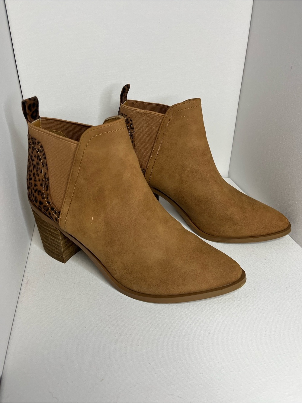 Tan Suede-Look Ankle Booties with Leopard Heel Accent